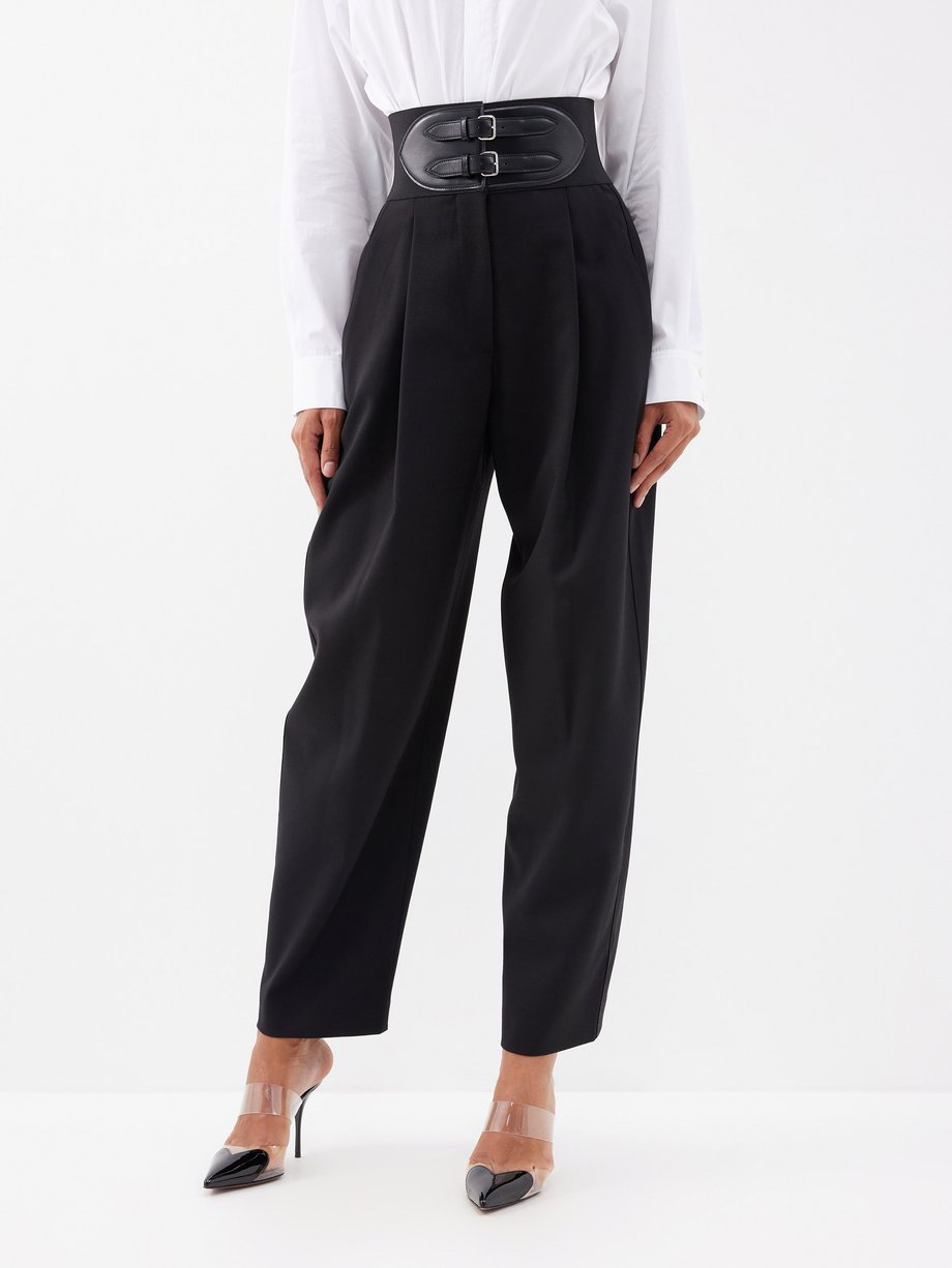 Black High-rise belted wool-blend gabardine trousers | ALAÏA | MATCHES UK