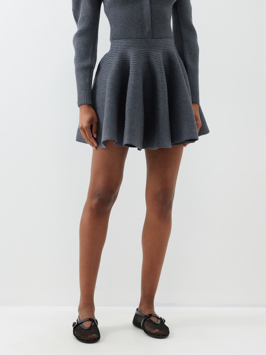 Grey Flared rib-knit wool-blend mini skirt | ALAÏA | MATCHES UK