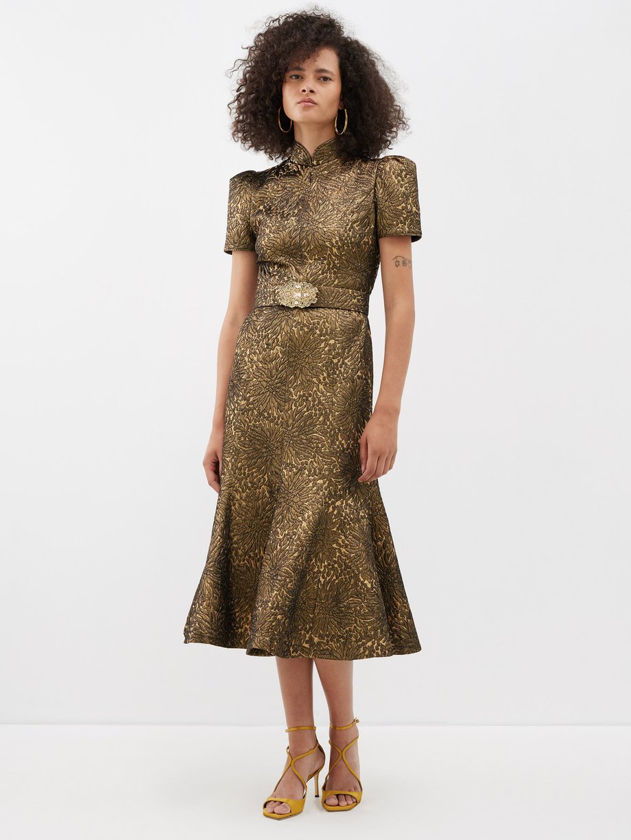 Gold High-neck brocade fishtail midi dress, Andrew Gn