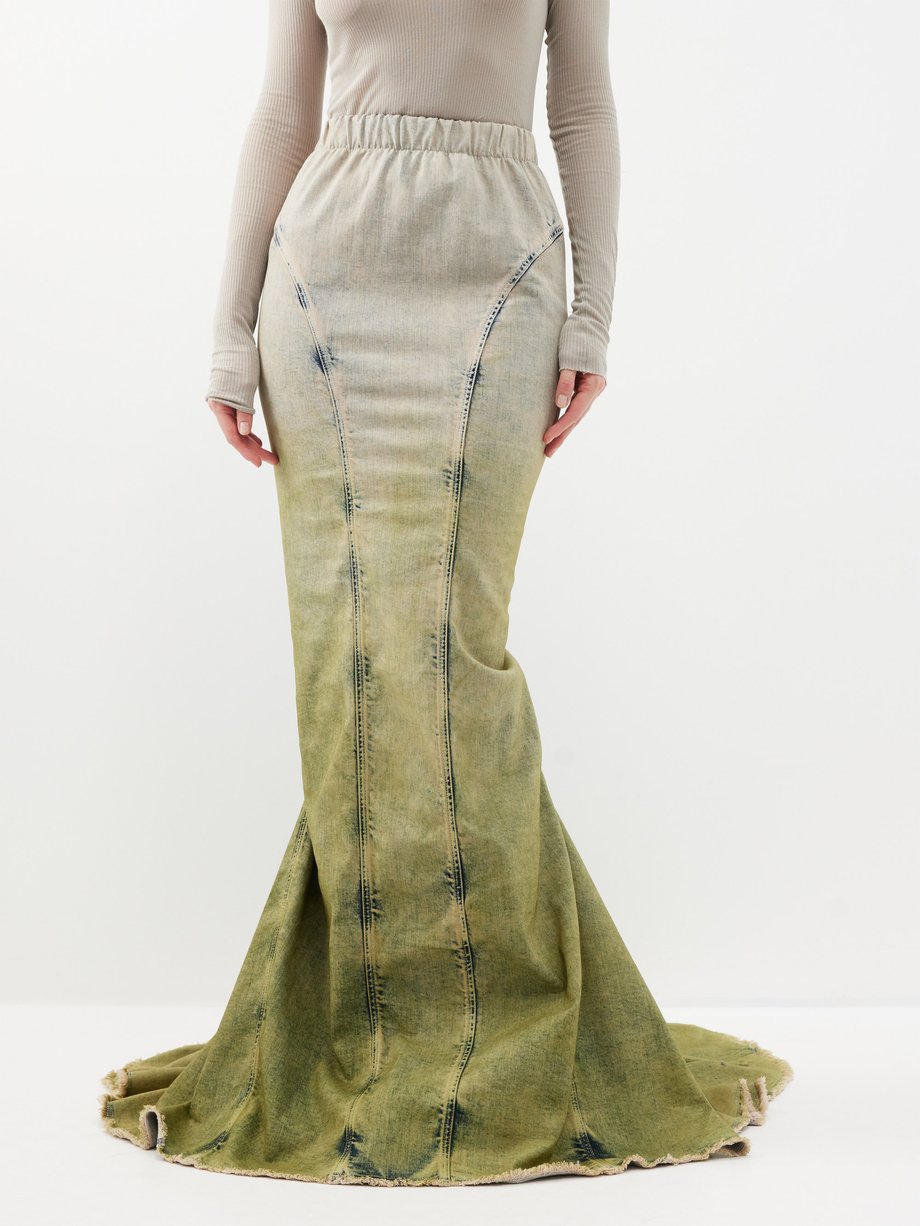Moncler + Rick Owens Fishtail ombre denim maxi skirt