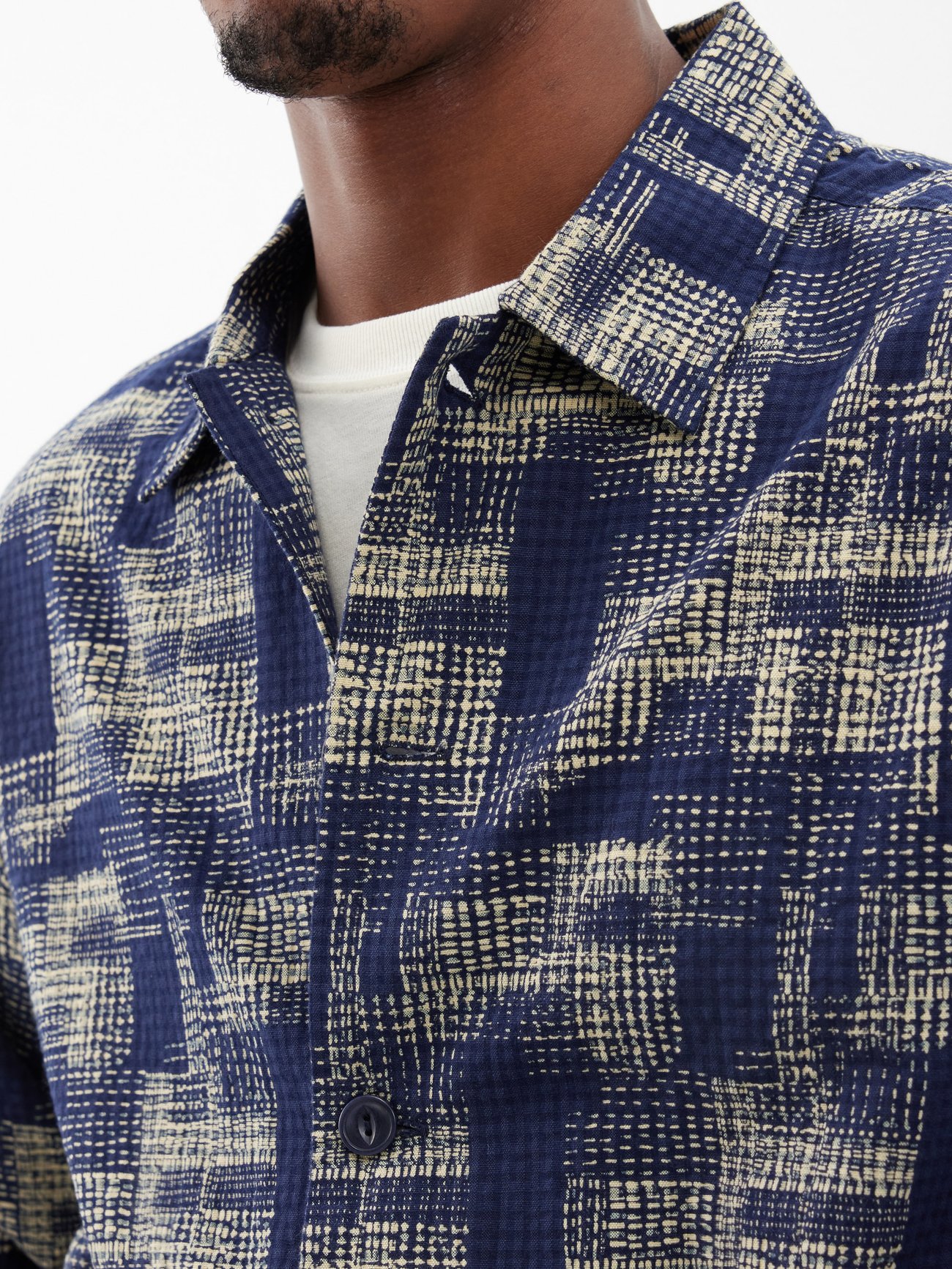 YMC Block-print Cotton Seersucker Overshirt in Blue for Men