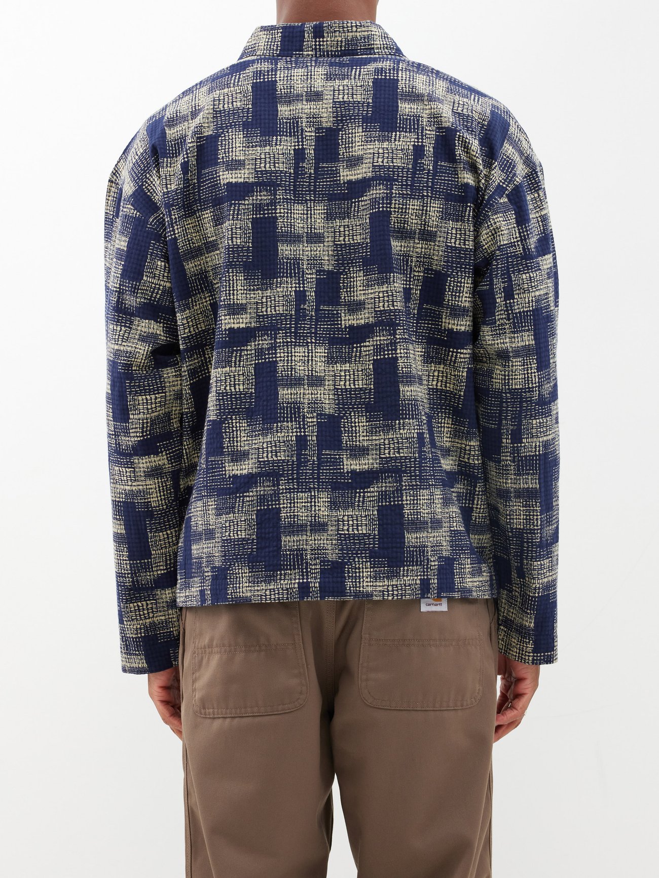 YMC Block-print Cotton Seersucker Overshirt in Blue for Men