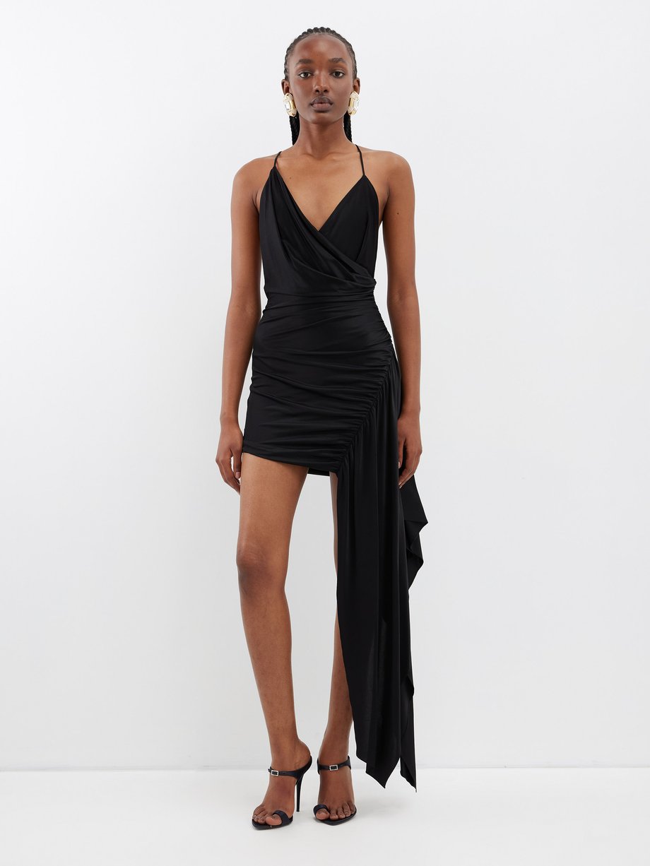 Black Asymmetric-hem ruched mini dress
