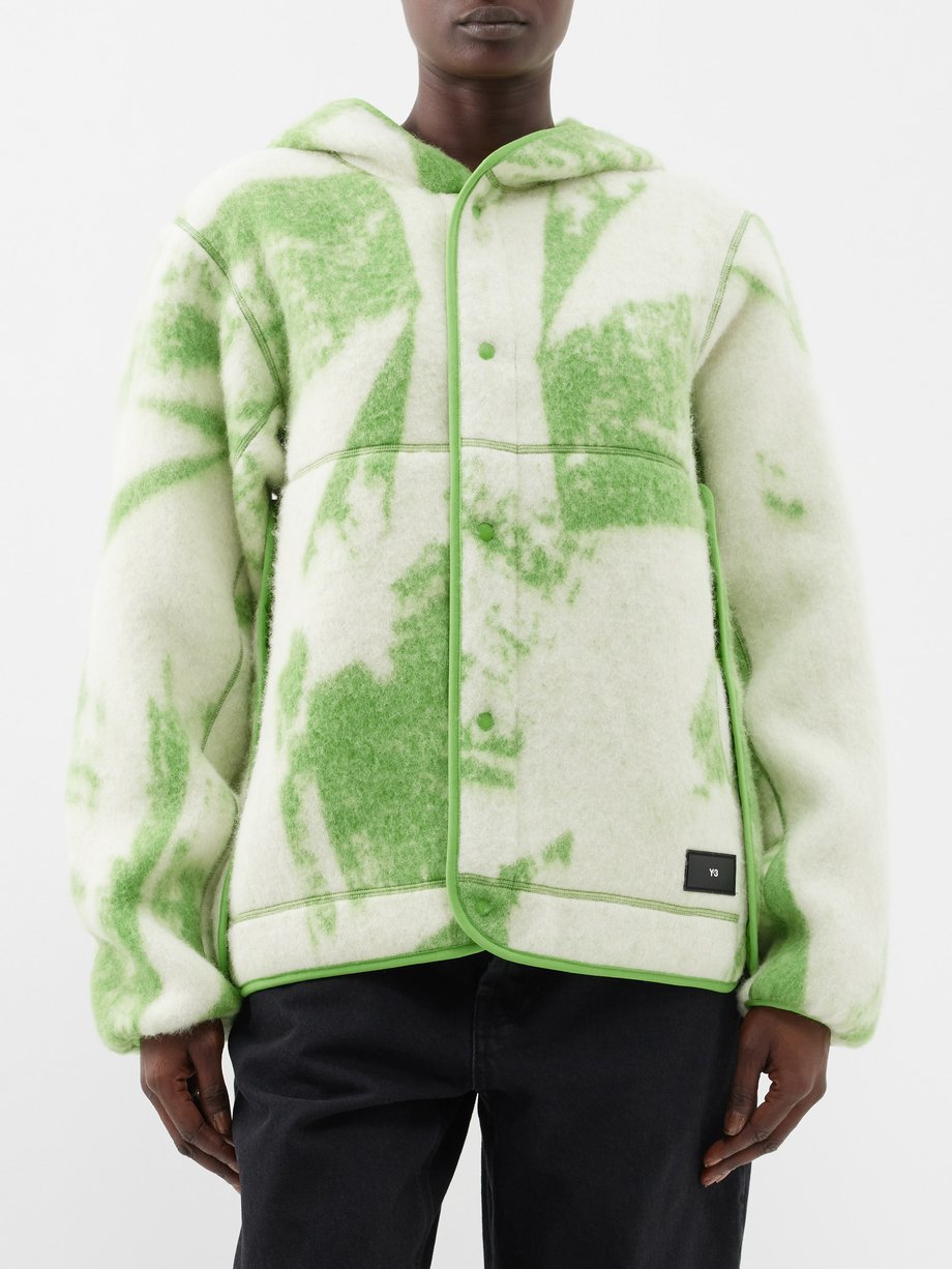 Y-3 - Abstract-jacquard Fleece Hooded Jacket - Womens - White Green