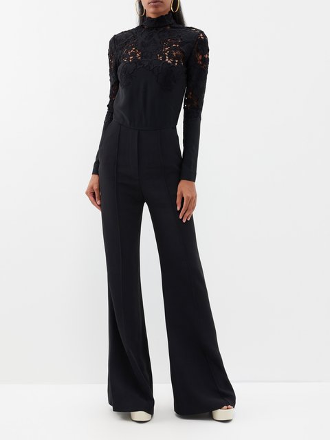 Black Lace-panel crepe wide-leg jumpsuit, Elie Saab