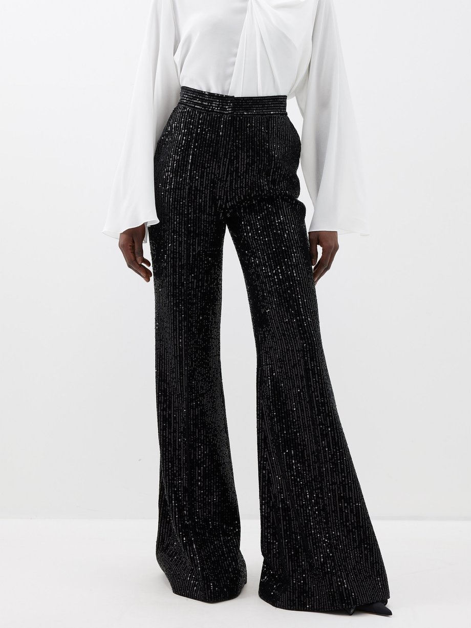 Black High-rise sequinned-velvet flared trousers | Elie Saab | MATCHES UK