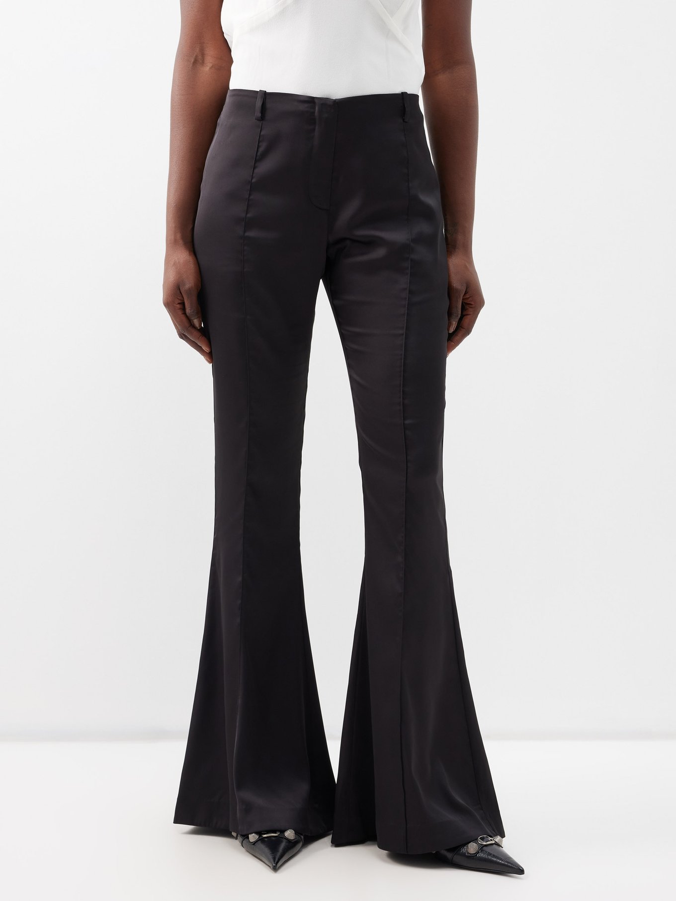 Black Pippen flared satin trousers | Acne Studios | MATCHES UK