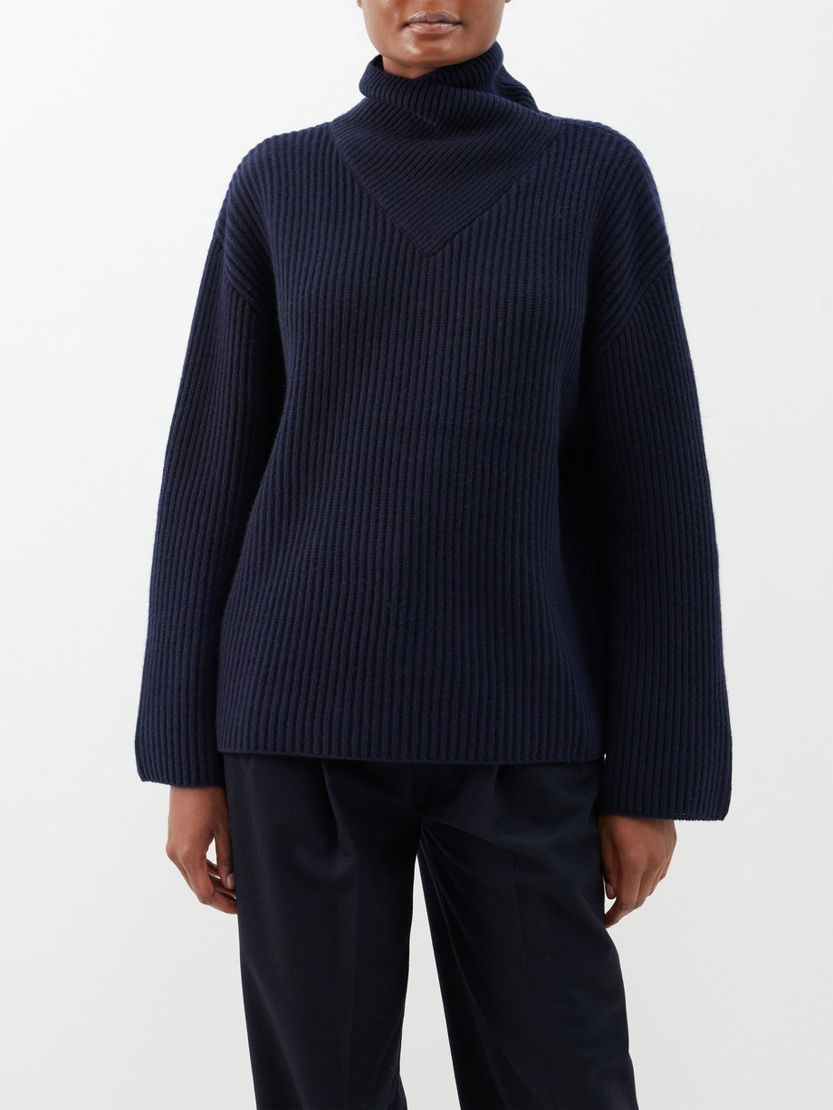 Navy Twisted-neck ribbed-knit wool sweater | Toteme | MATCHES UK