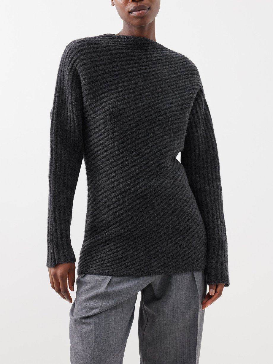Grey Asymmetric ribbed-knit wool sweater | Toteme | MATCHES UK