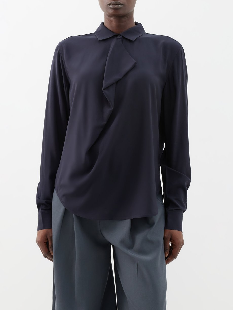 Navy Drape-front crepe shirt, Toteme