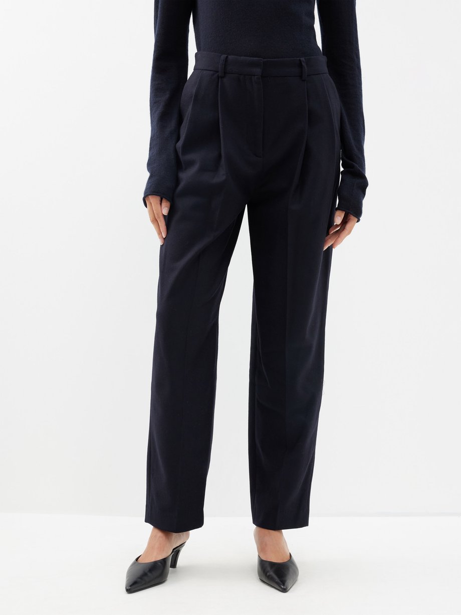 Navy Pleated wool-blend wide-leg trousers | Toteme | MATCHESFASHION UK
