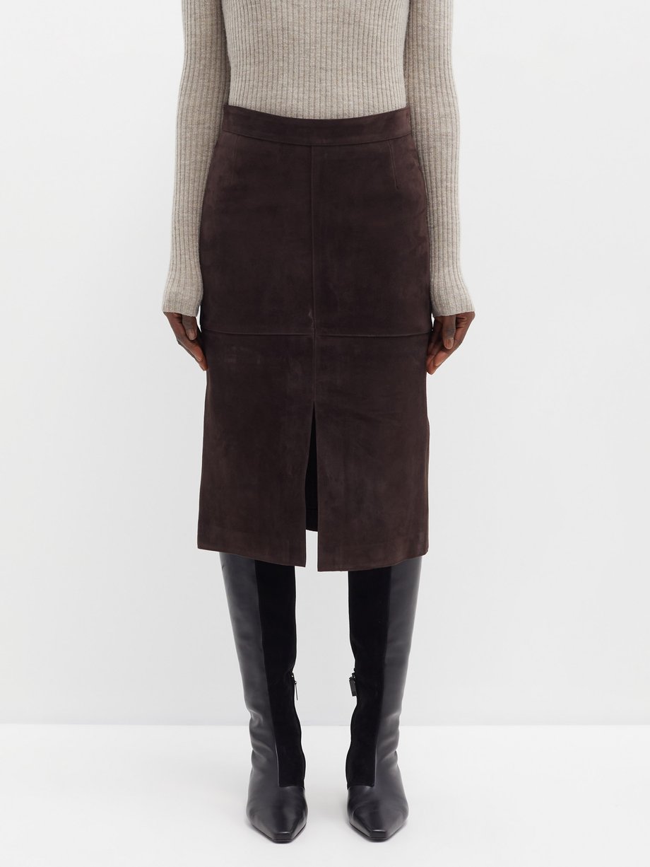 Brown High-rise suede midi skirt | Toteme | MATCHES UK