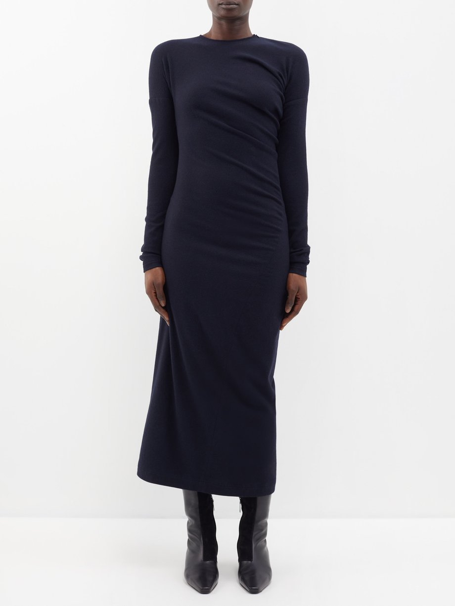 Navy Twisted-waist wool-blend flannel midi dress | Toteme | MATCHES UK