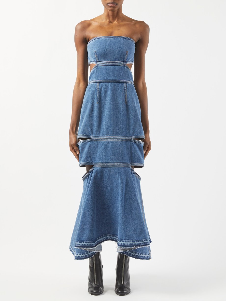 Blue Cutout strapless denim dress | Alexander McQueen | MATCHESFASHION UK