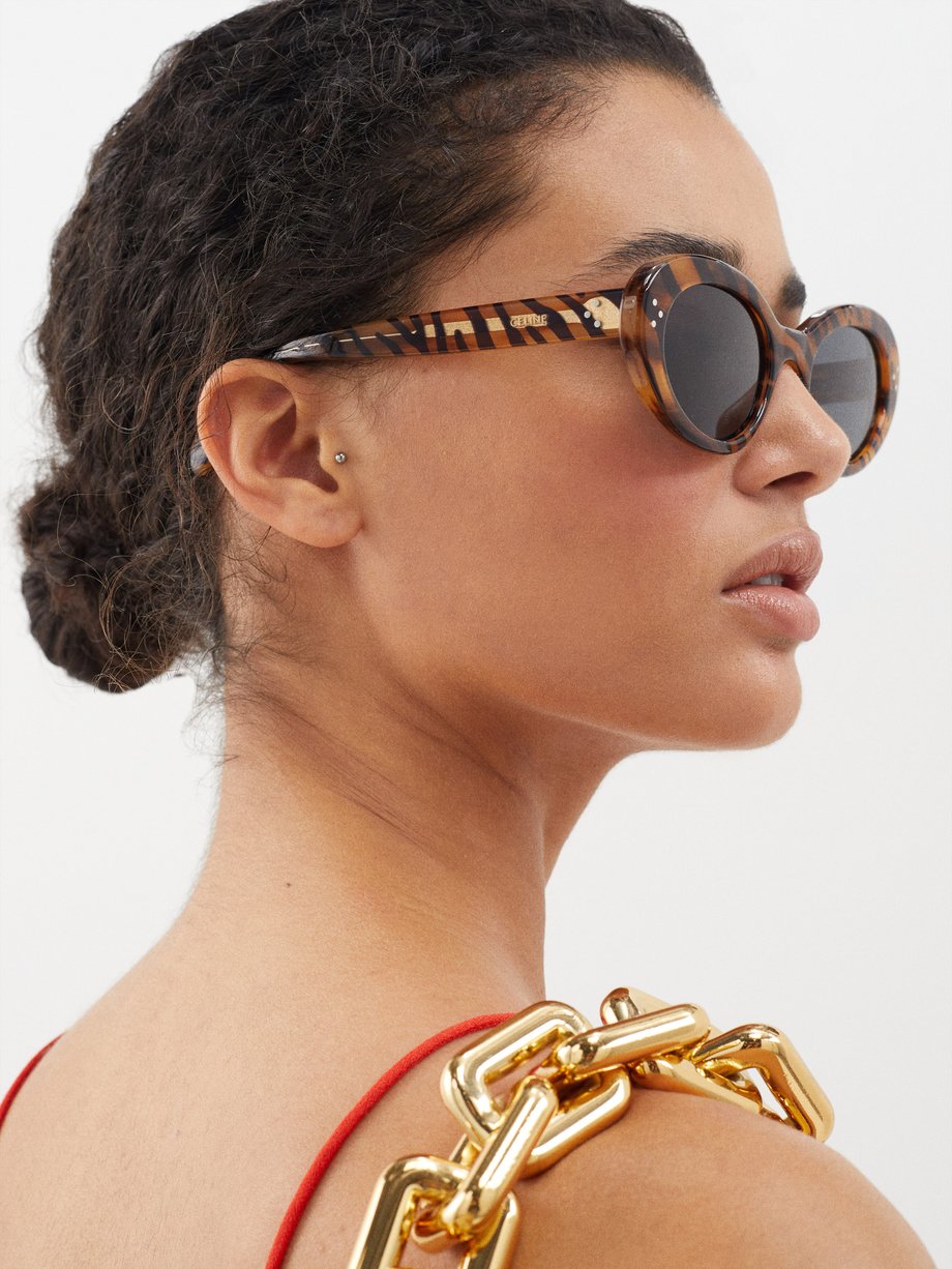 Brown Oval tiger-stripe acetate sunglasses | Celine Eyewear | MATCHES UK
