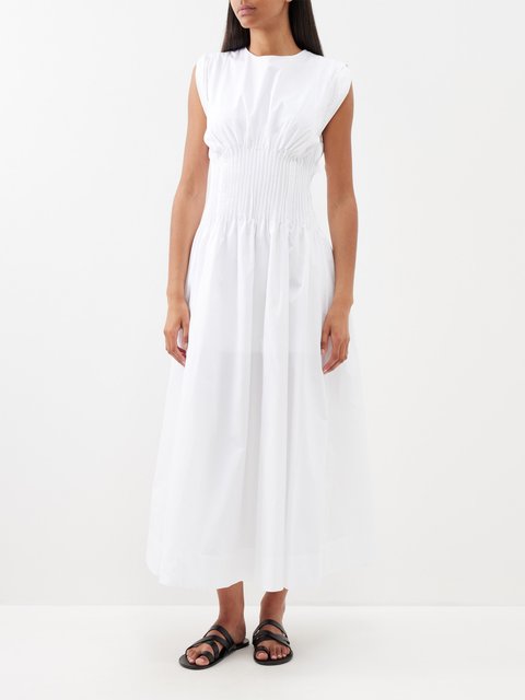 White Grace pleated-waist organic cotton-poplin dress | BITE