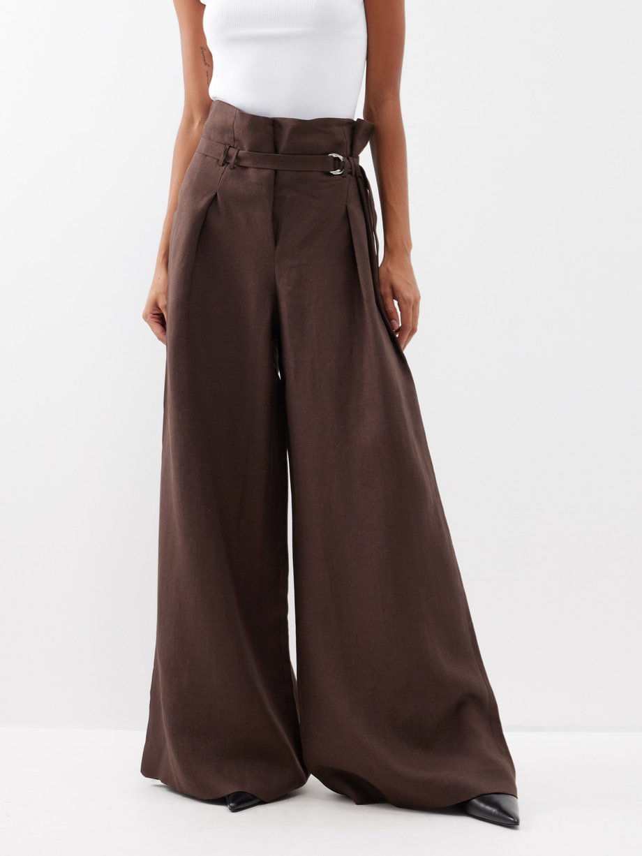 Brown Delphine belted linen wide-leg trousers | BITE Studios ...