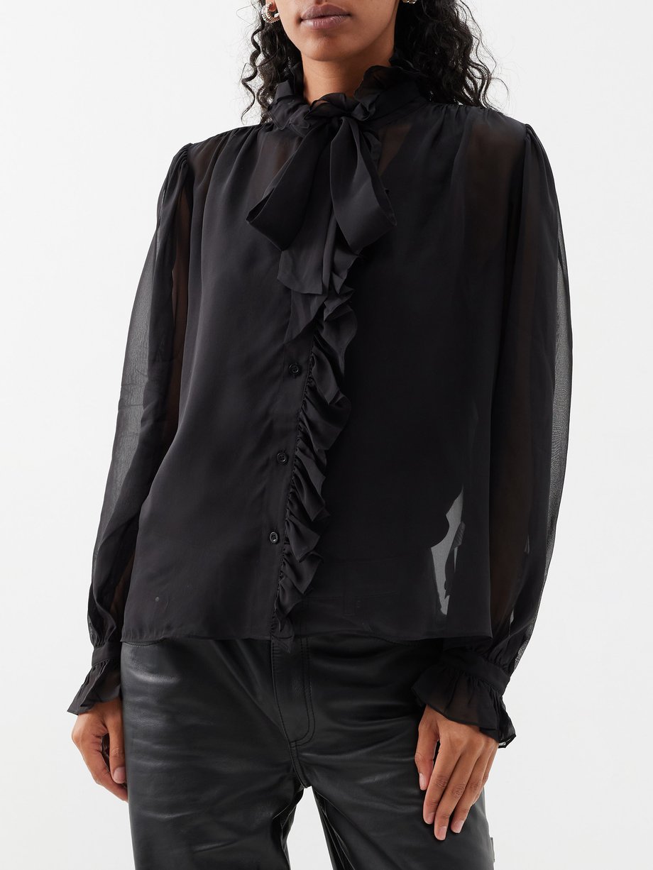 Black Ruffle-front silk-chiffon blouse | FRAME | MATCHES UK
