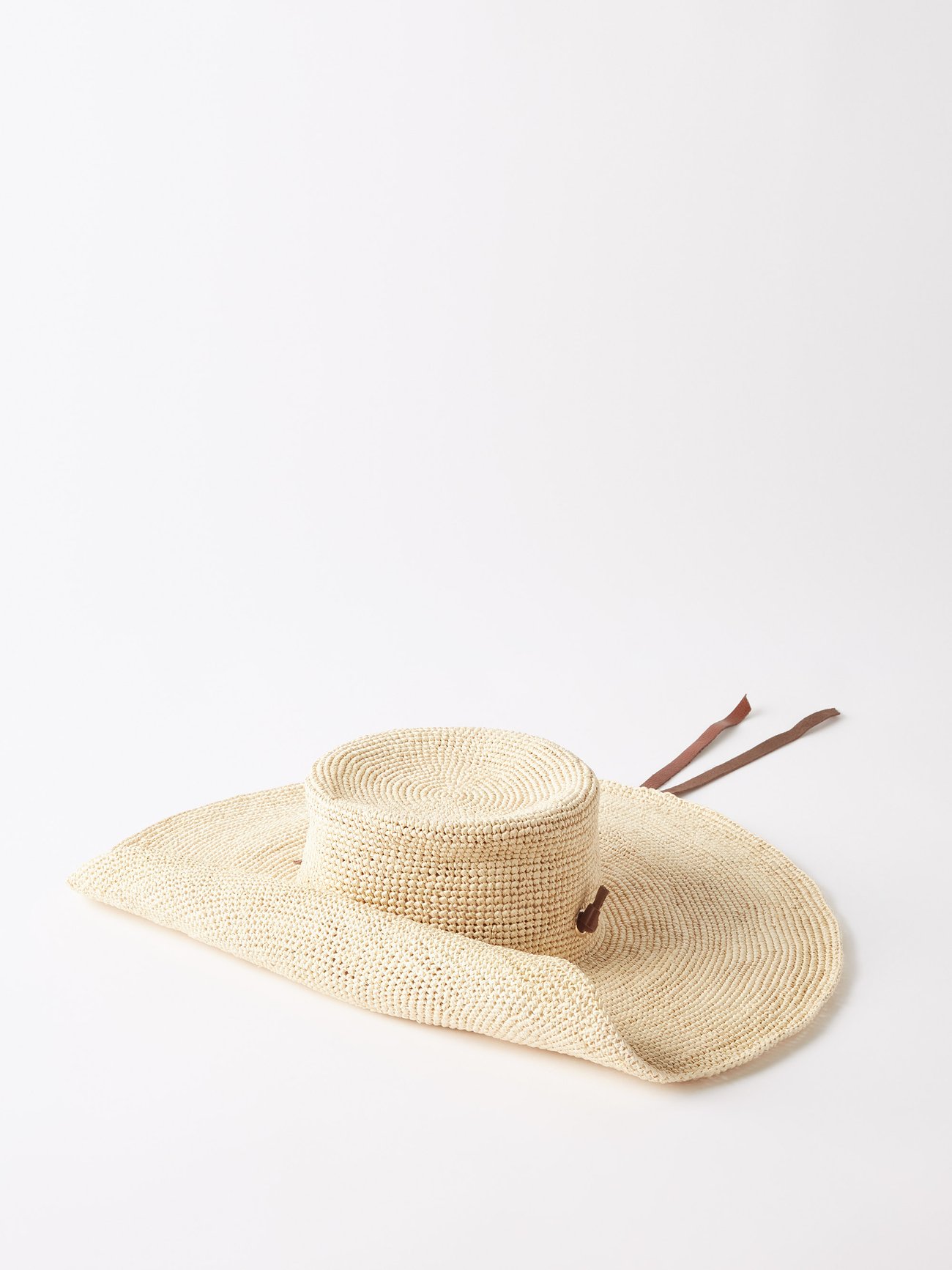 Hippie leather-trimmed crochet toquilla straw hat
