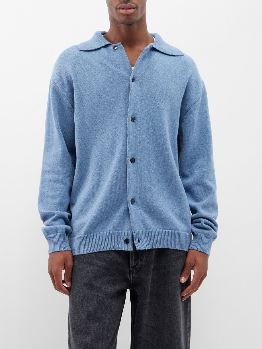Blue Spread-collar recycled cotton-blend cardigan | mfpen