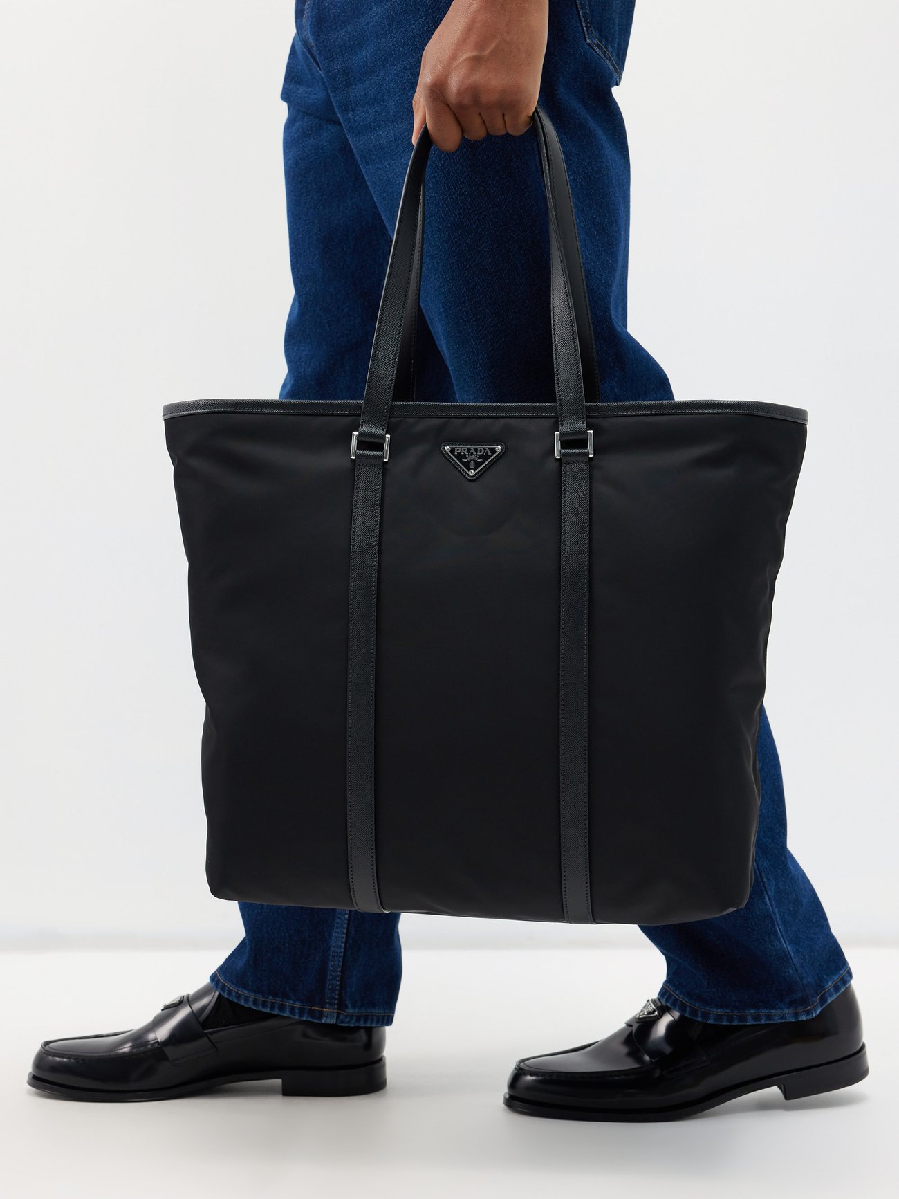 Black Re-Nylon leather-trimmed tote bag, Prada