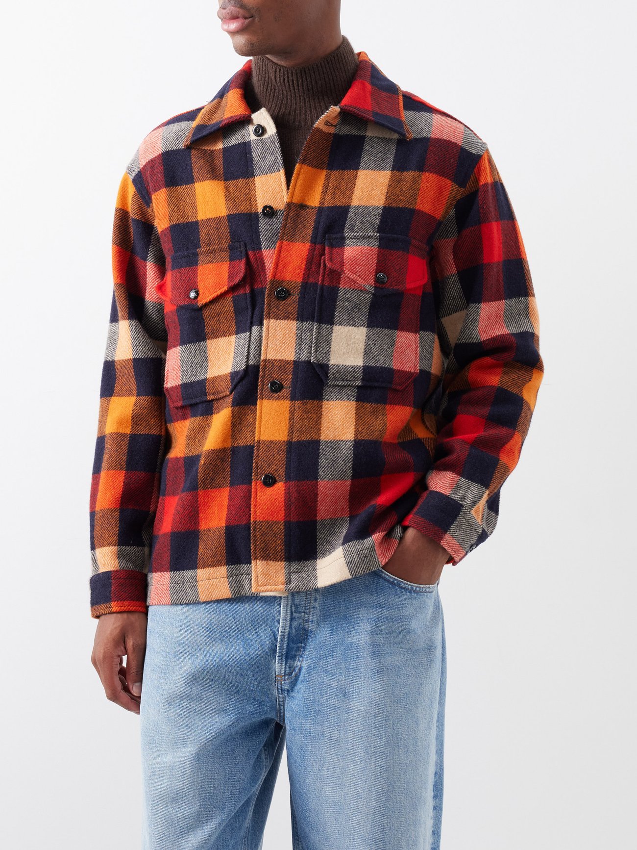 Checked patch-pocket wool overshirt