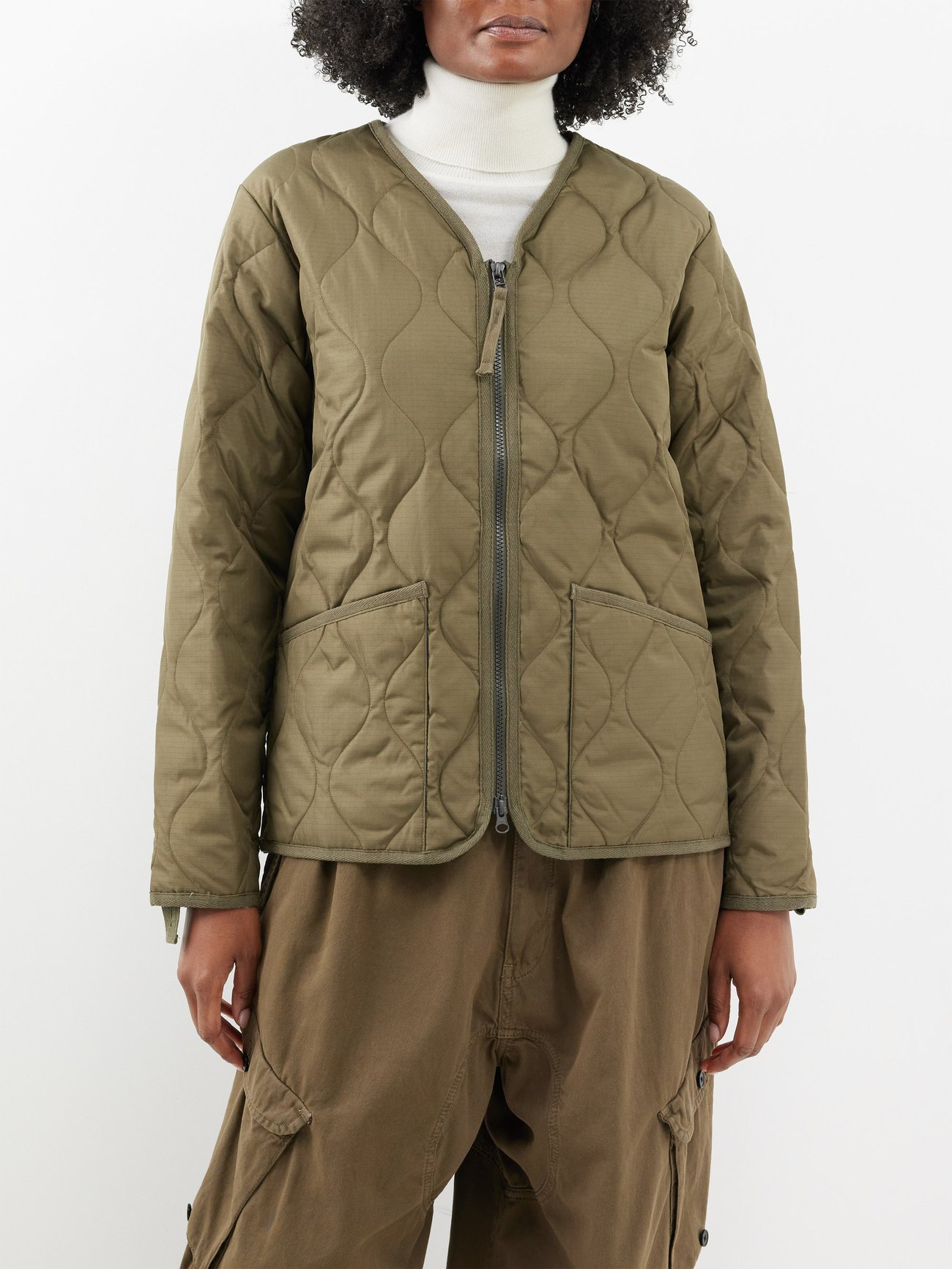 Green Military V-neck quilted down jacket | TAION | MATCHES UK