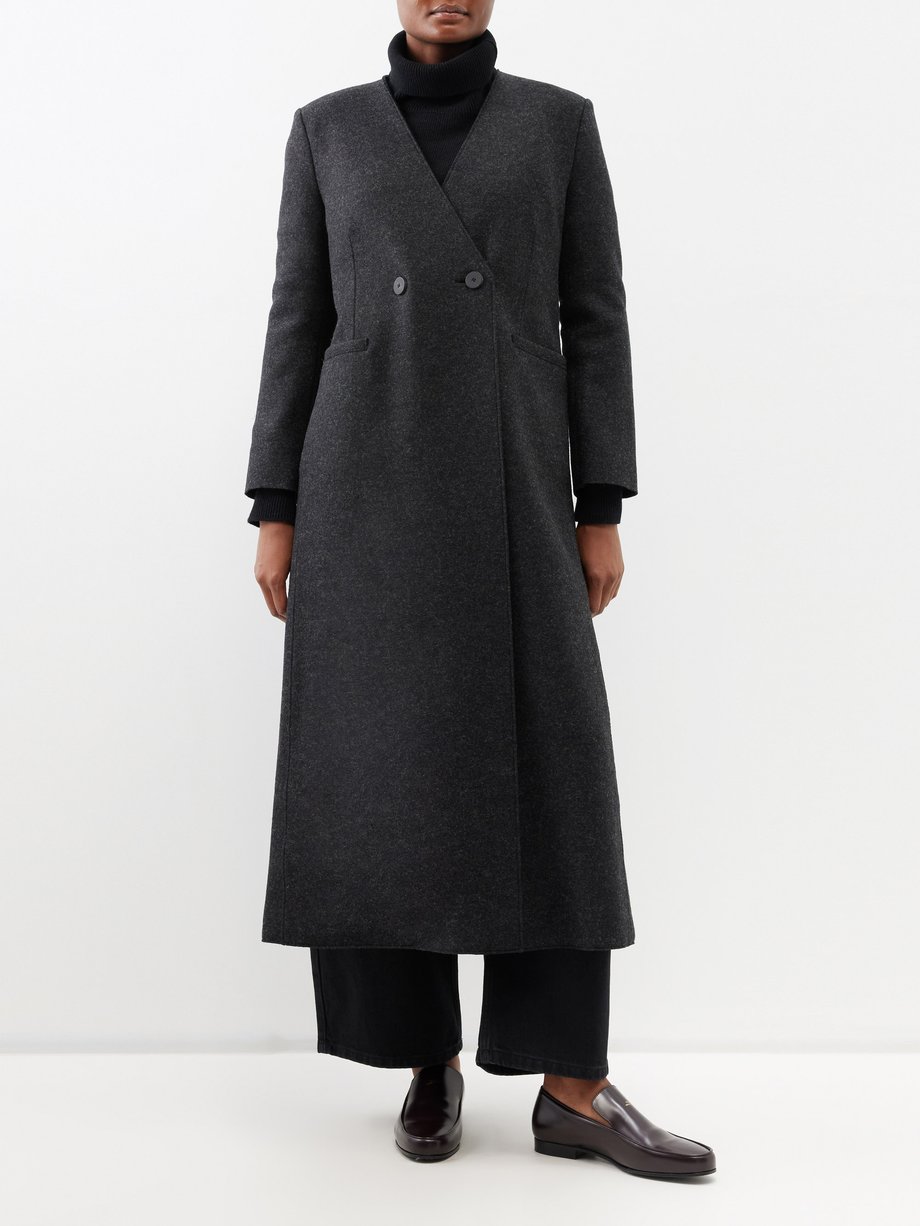 Grey Collarless double-breasted wool coat | Harris Wharf London ...