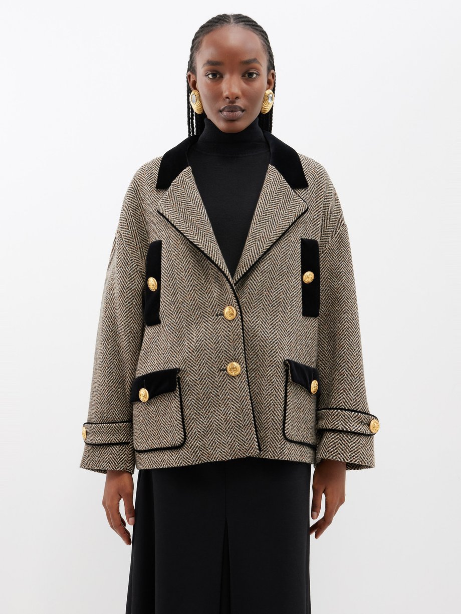 Grey Velvet-trim herringbone wool-blend coat | Gucci | MATCHESFASHION US