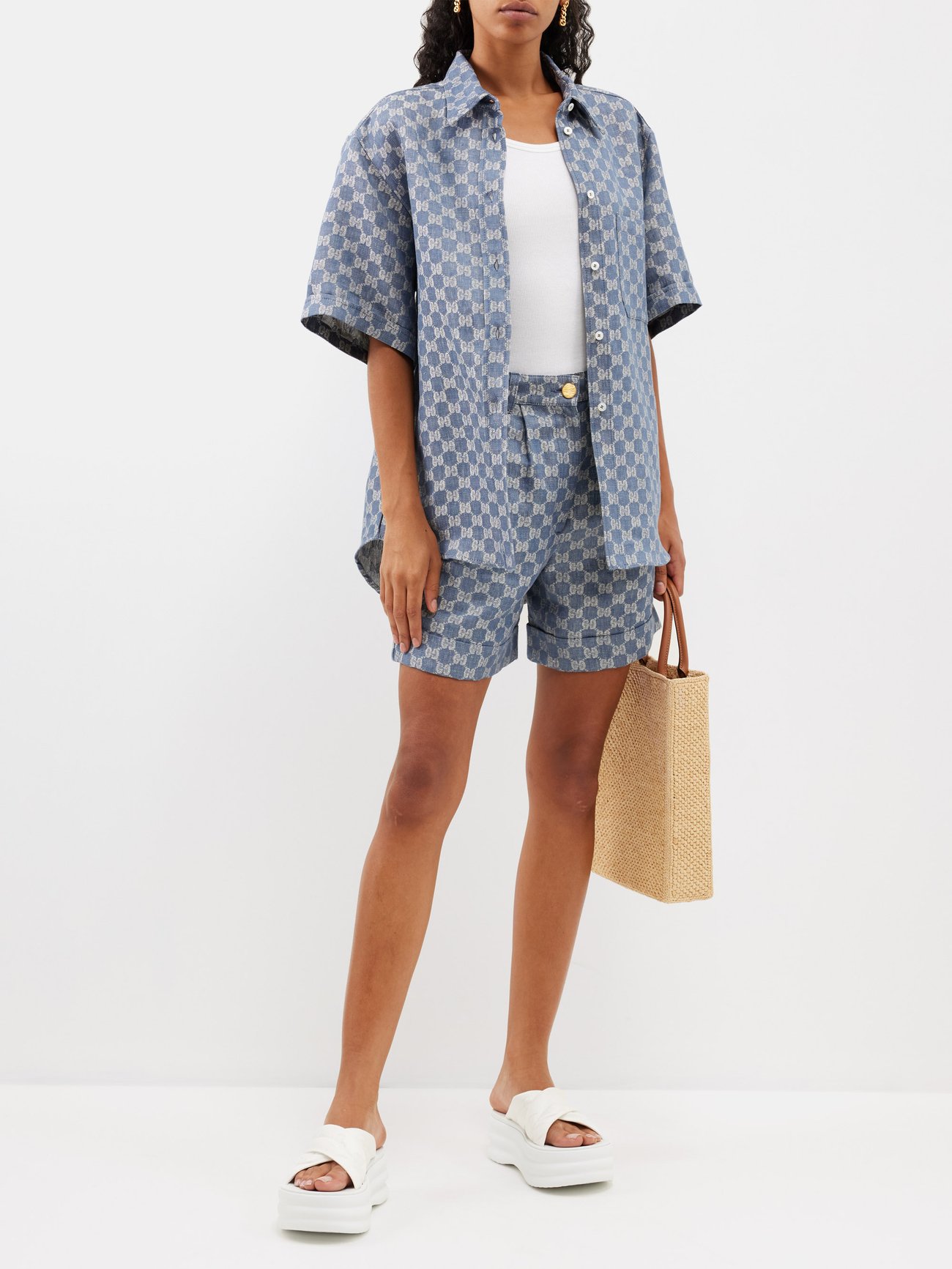 Blue GG-jacquard short-sleeved linen-denim shirt, Gucci