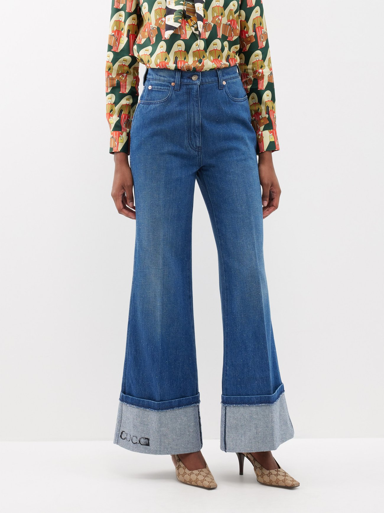 GUCCI Jeans Men, Denim trousers with GG cuff Blue