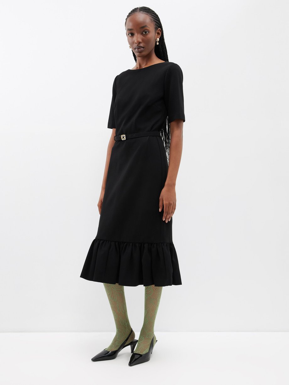Black GG-buckle belted crepe midi dress | Gucci | MATCHES UK