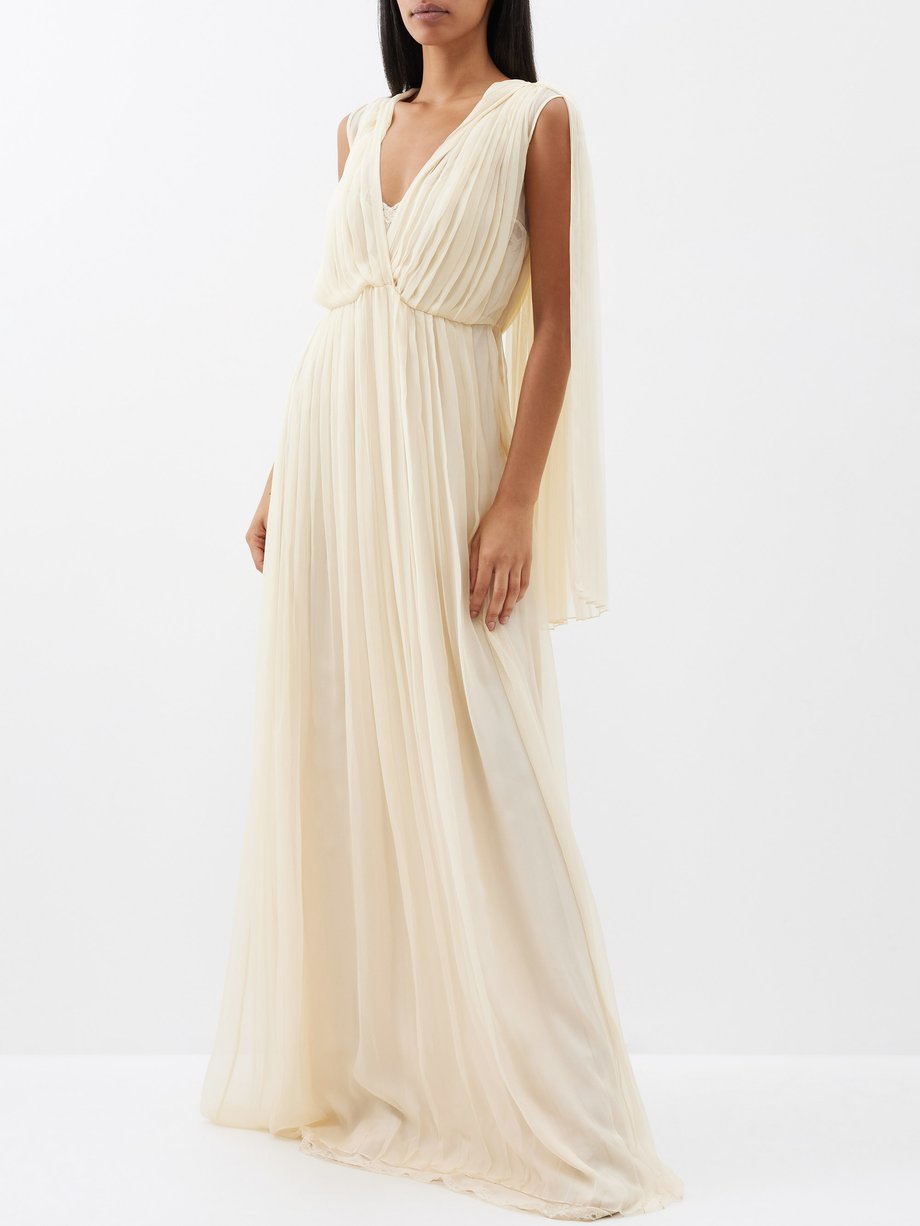 Neutral V-neck pleated silk-chiffon gown | Gucci | MATCHES UK