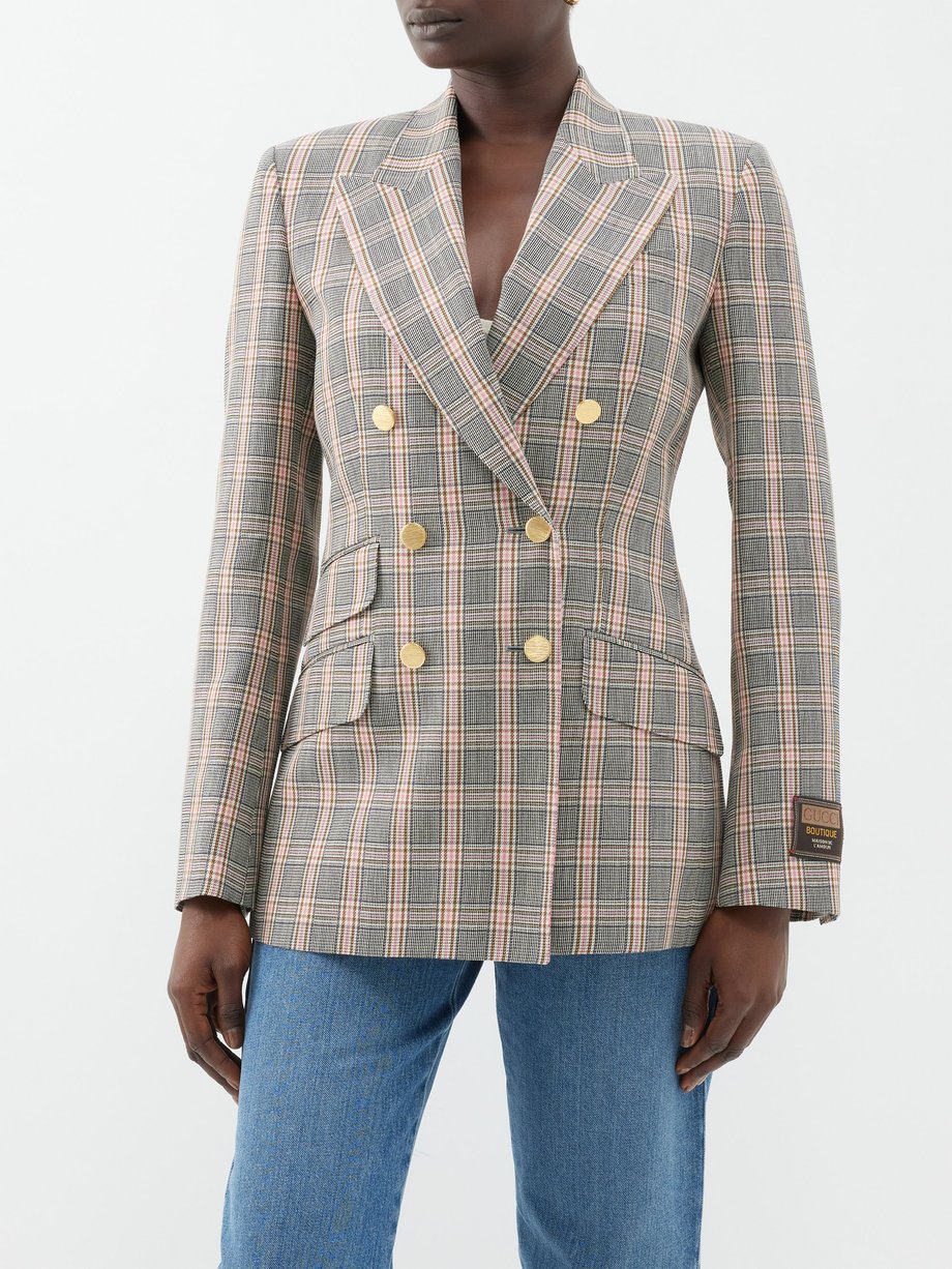 Grey Checked wool-blend double-breasted jacket | Gucci | MATCHESFASHION UK