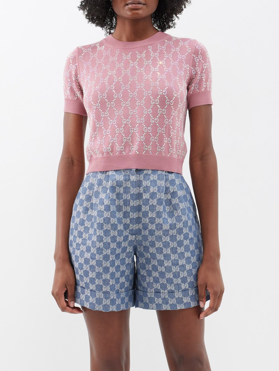 Pink GG crystal-embellished wool short-sleeved sweater | Gucci ...