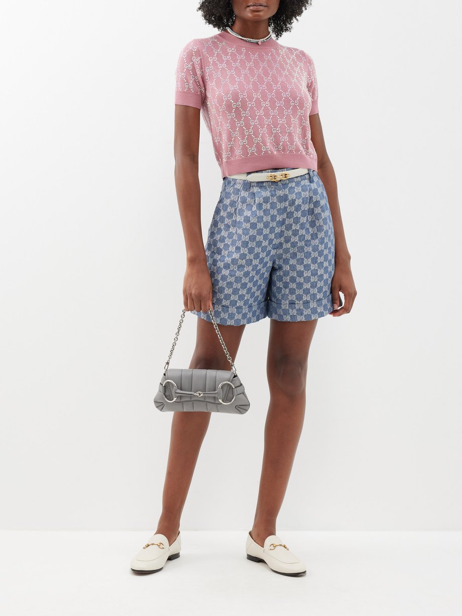 Pink GG crystal-embellished wool short-sleeved sweater | Gucci