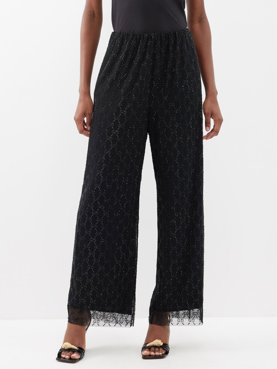Black GG crystal-embellished tulle wide-leg trousers | Gucci | MATCHES UK