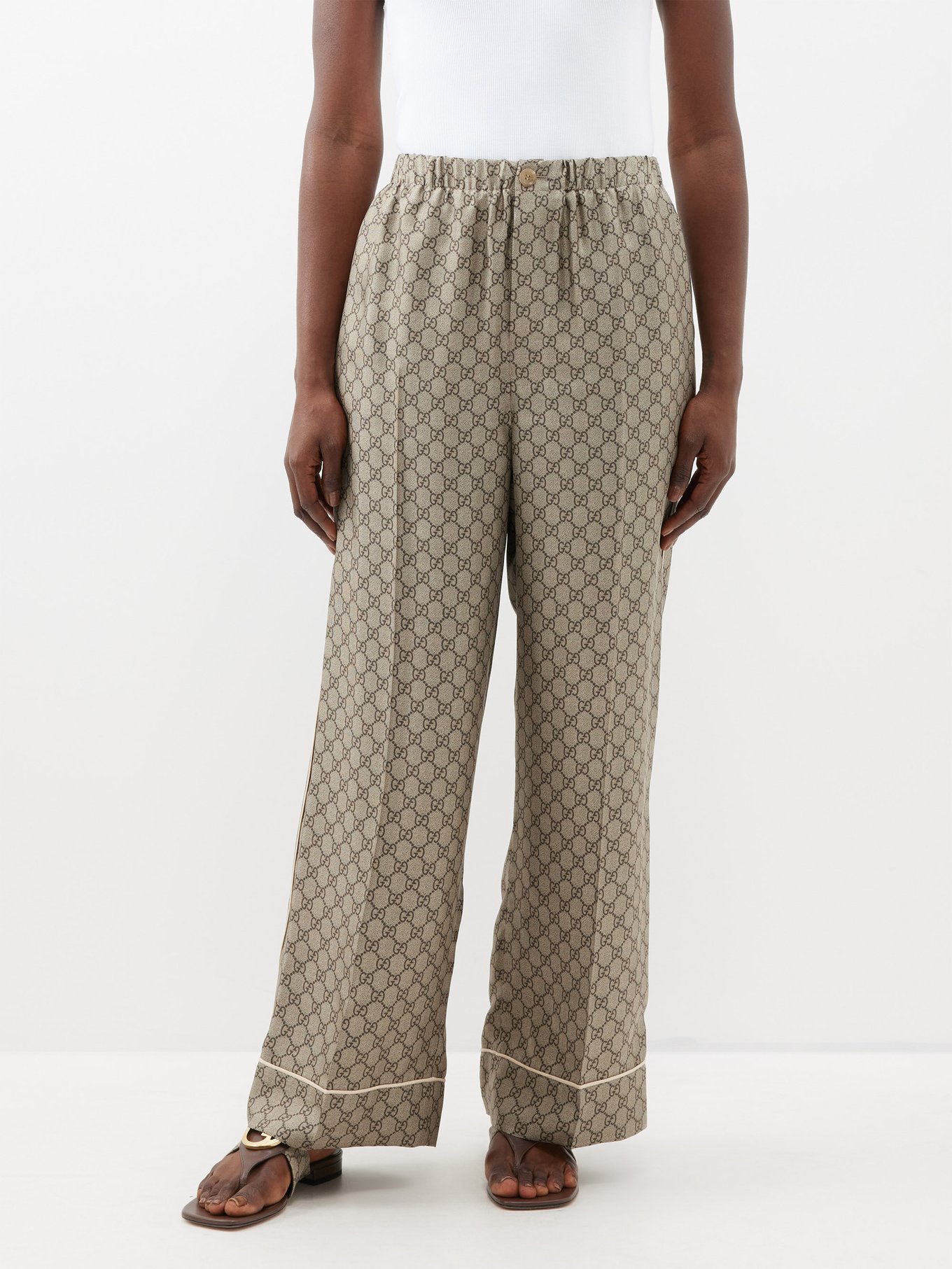 GG Supreme print silk pant in pink and beige