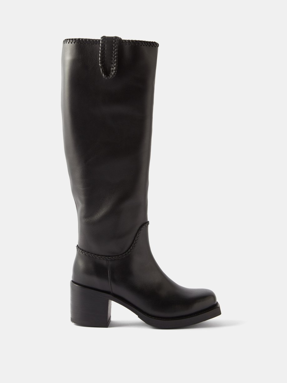 Black Calobra braided-trim leather knee-high boots | Hereu | MATCHES UK