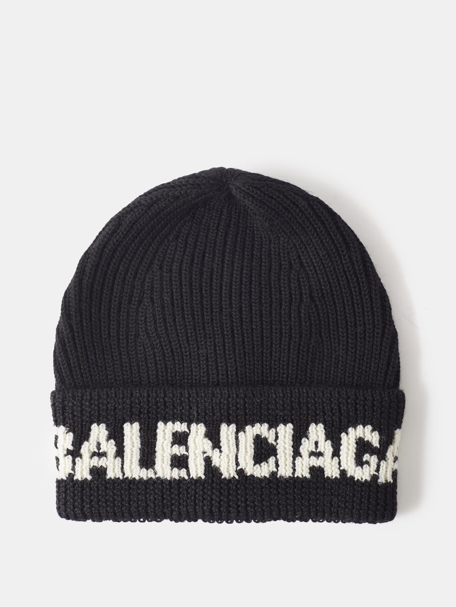Black Logo-intarsia ribbed-wool beanie, Balenciaga