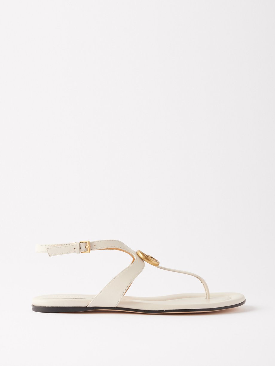 White gold Double GG T-bar leather sandals | Gucci | MATCHES UK