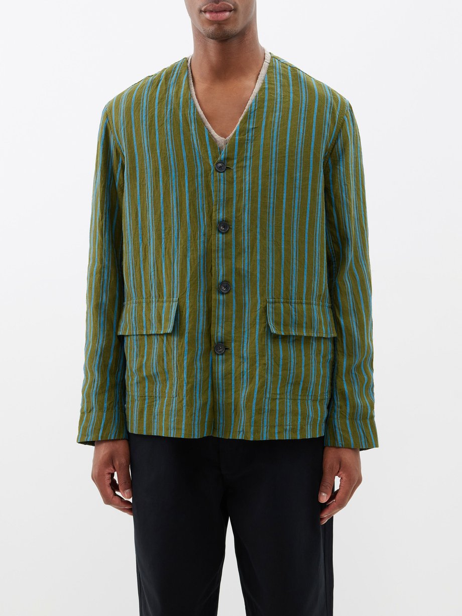 Green Collarless striped linen jacket | Itoh | MATCHES UK