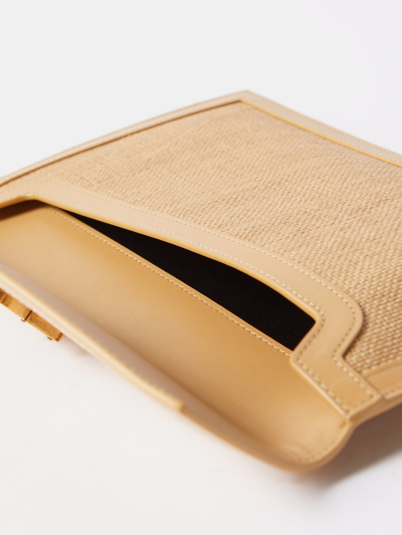 Beige Uptown YSL-plaque faux-raffia leather-trim pouch