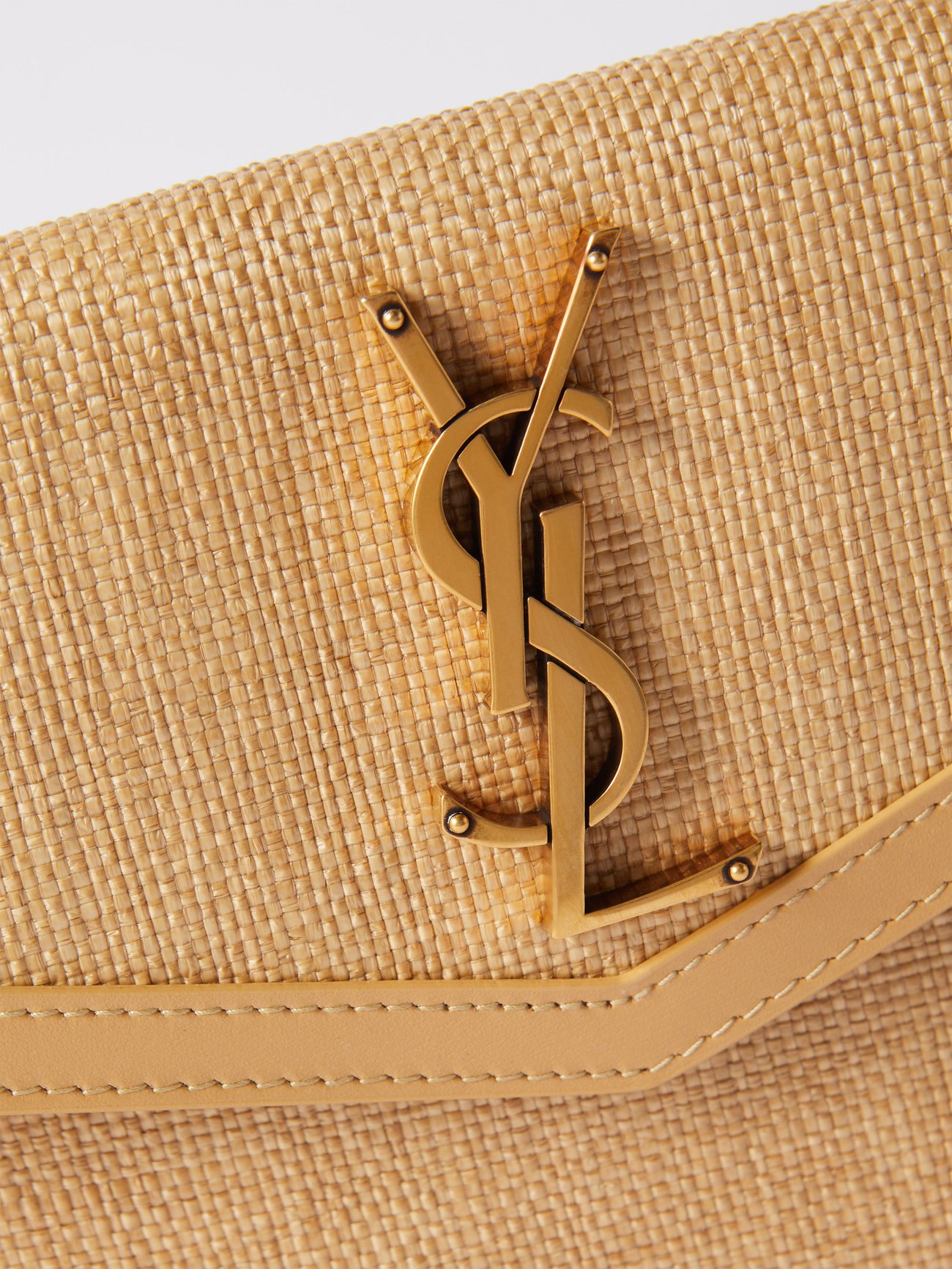 Beige Uptown YSL-plaque faux-raffia leather-trim pouch, Saint Laurent