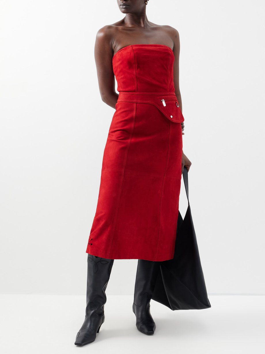 Red Ira strapless suede midi dress | Saks Potts | MATCHES UK