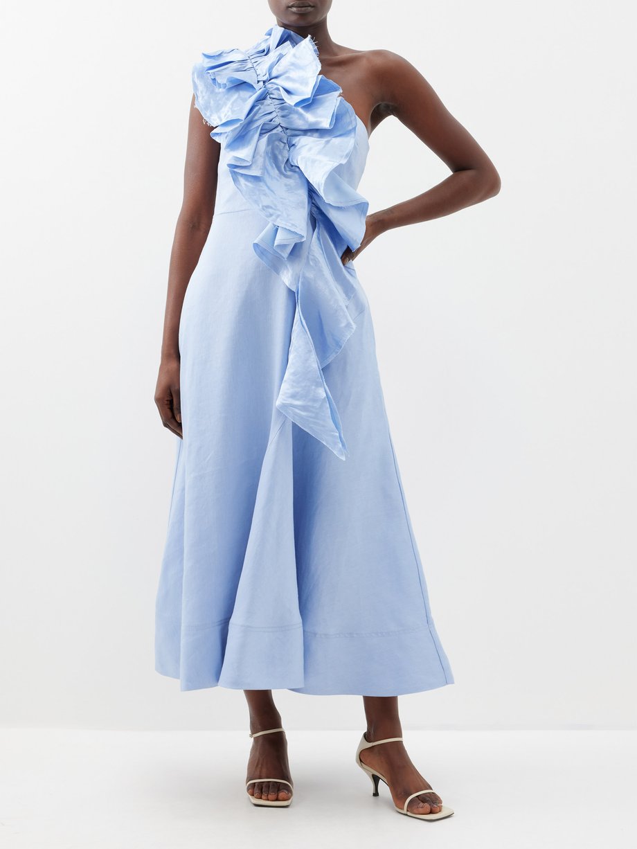 Blue Adelia one-shoulder ruffled linen-blend dress | Aje | MATCHES UK