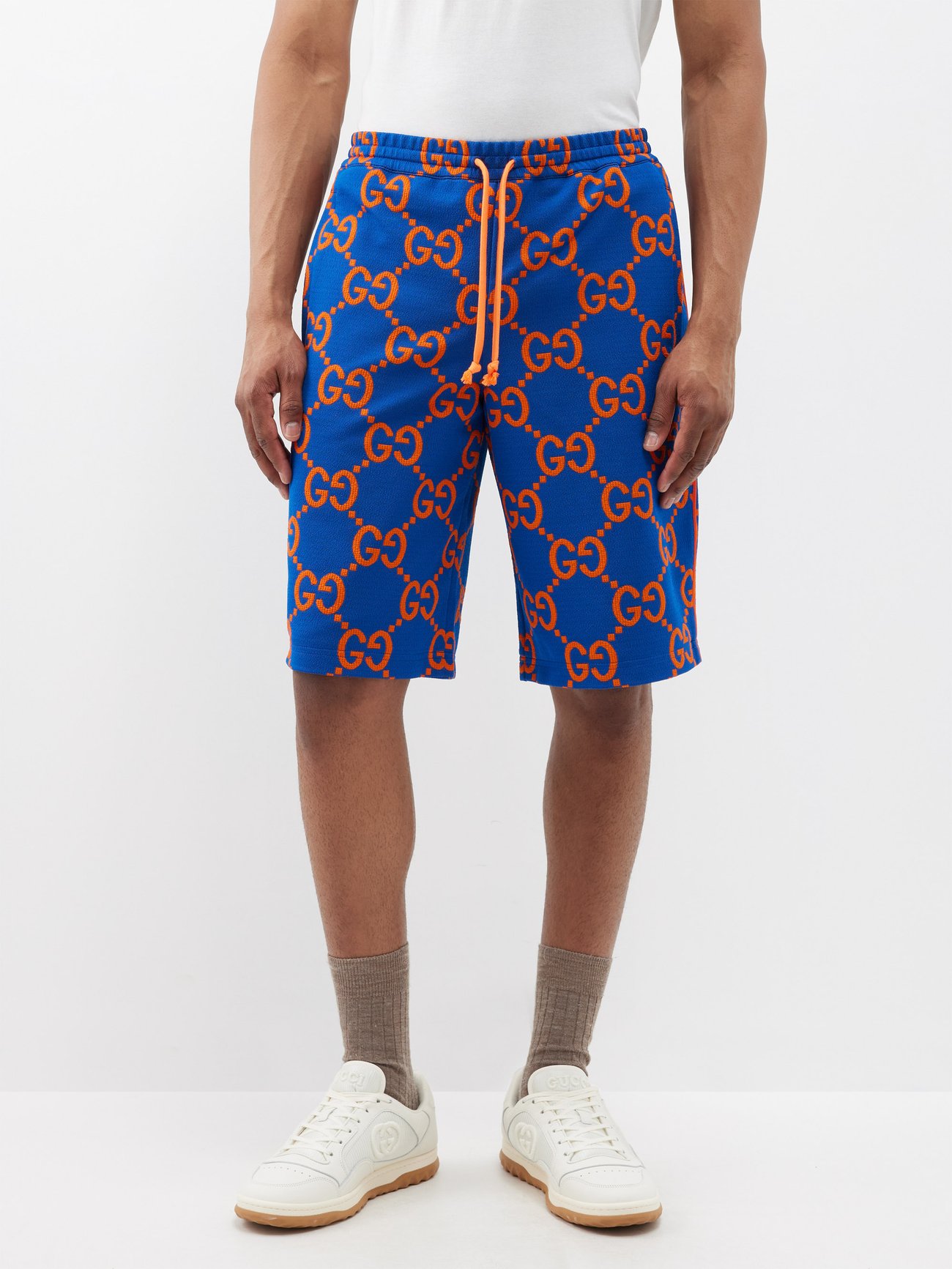 GUCCI Wide-Leg Pleated Logo-Jacquard Cotton-Blend Shorts for Men
