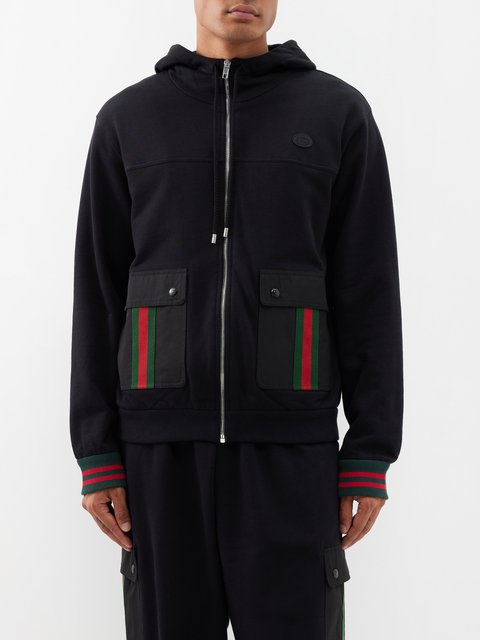 Black Web Stripe trim cotton jersey hoodie Gucci MATCHES UK