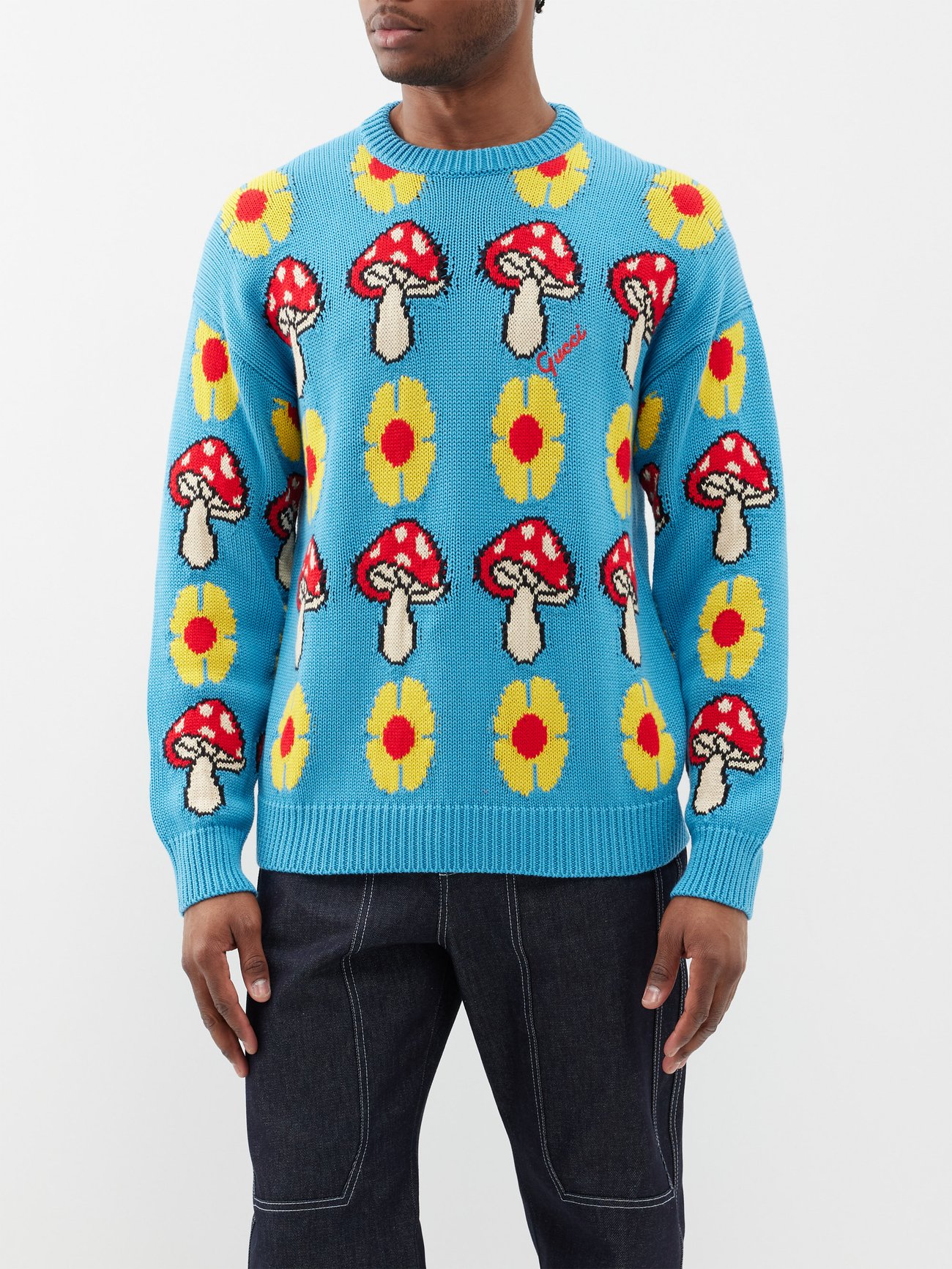 Mushroom-jacquard cotton-blend sweater