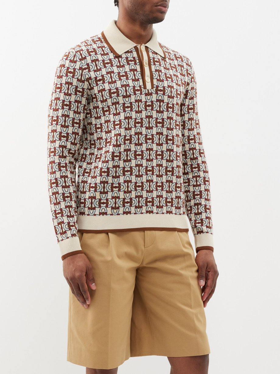 Beige Horsebit-jacquard cotton-silk polo shirt | Gucci | MATCHES UK